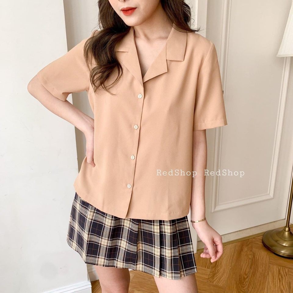 Áo sơ mi tay ngắn cổ vest màu be vintage ulzzang kèm video ảnh thật shop chụp