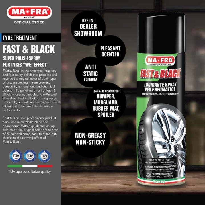 Xịt bóng lốp, dưỡng lốp, cao su, nhựa đen gốc dầu Mafra Fast &amp; Black - 500ml