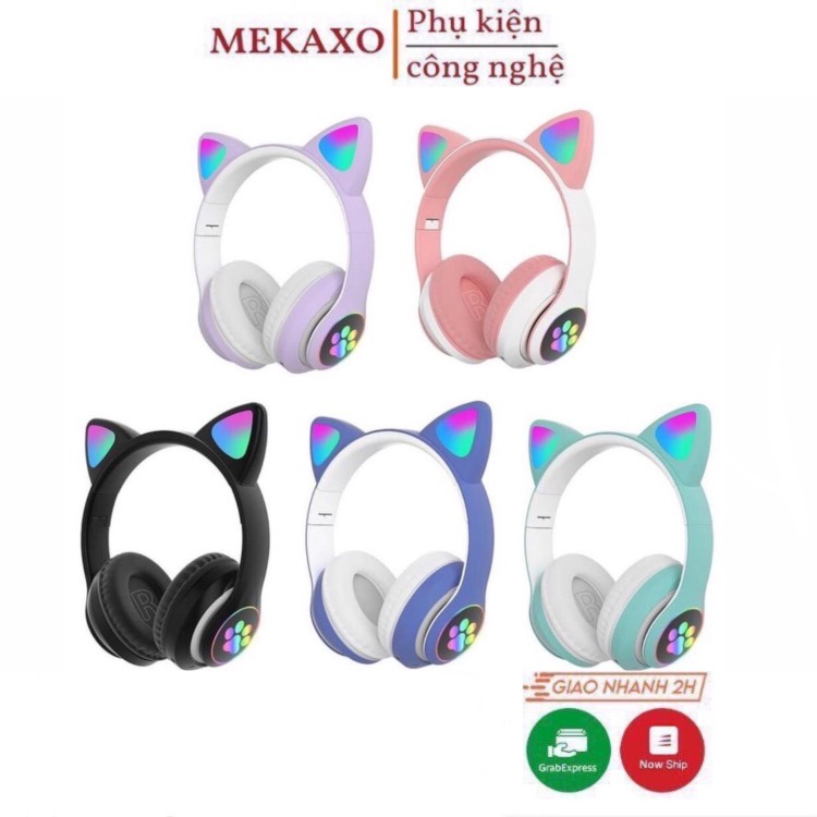Tai nghe mèo bluetooth phát sáng STN28 - Tai nghe chụp tai mèo có mic kiểu dáng cute có khe cắm thẻ nhớ, Jack 3.5mm