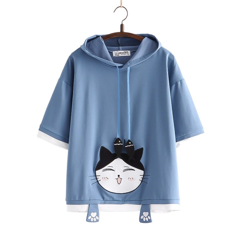 Áo Hoodie Tay Lửng Thêu Hình Mèo Hoạt Hình Dễ Thương Thời Trang Mùa Hè Cho Nữ 2021