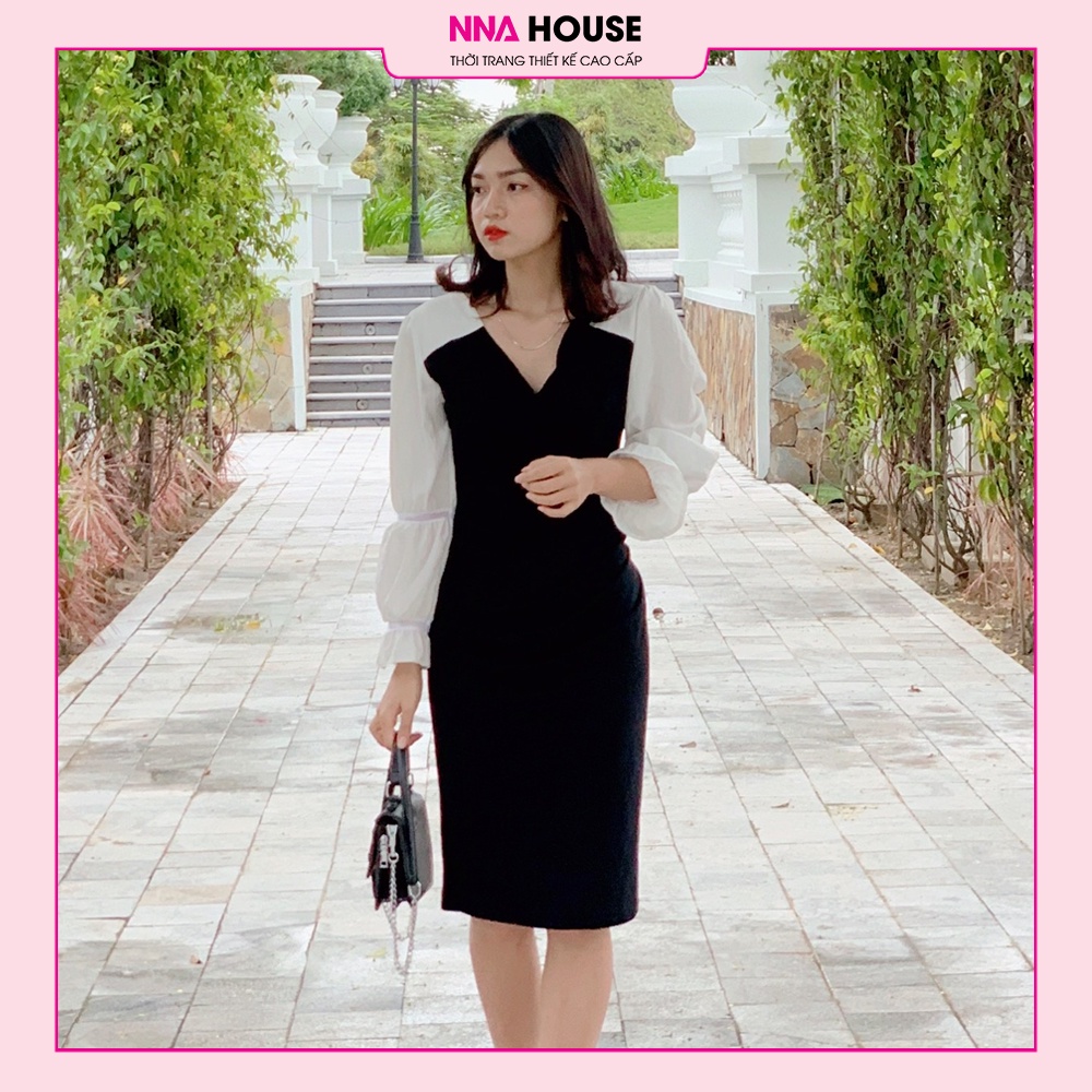 Váy dài tay phối đen trắng - Đầm thiết kế dáng xuông cổ trễ tay bồng sang trọng NNAHOUSE Mã NA213 | BigBuy360 - bigbuy360.vn