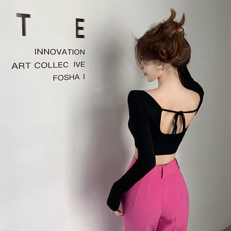 Áo Thun Crop Top Cổ Vuông Tay Dài Hở Lưng Màu Sắc Đơn Giản Dành Cho Nữ