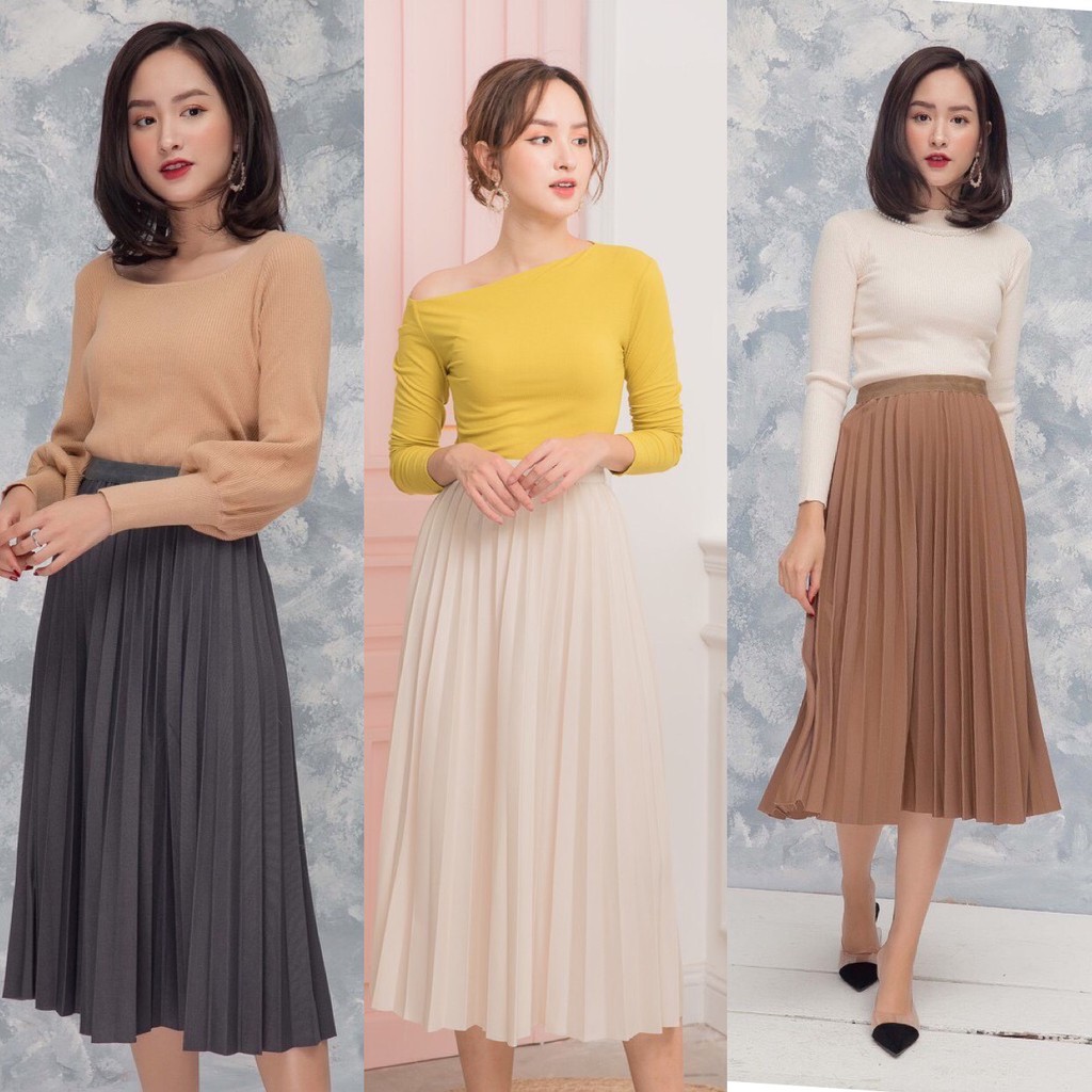 Chân váy midi xếp ly dáng dài LYNS chất liệu lụa lưng cao xòe dài qua gối (Hàng thiết kế).