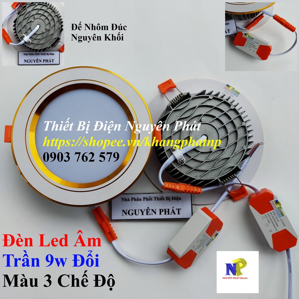 Đèn Led Âm Trần 9w Đổi Màu 3 Chế Độ 3 Màu Viền Vàng Cao Cấp