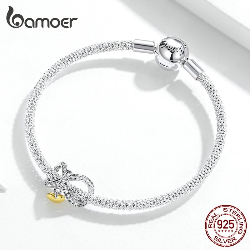 Hạt phụ kiện hiệu Bamoer SCC1300 chất liệu bạc 925 hình trái tim phối nơ dùng làm vòng tay DIY