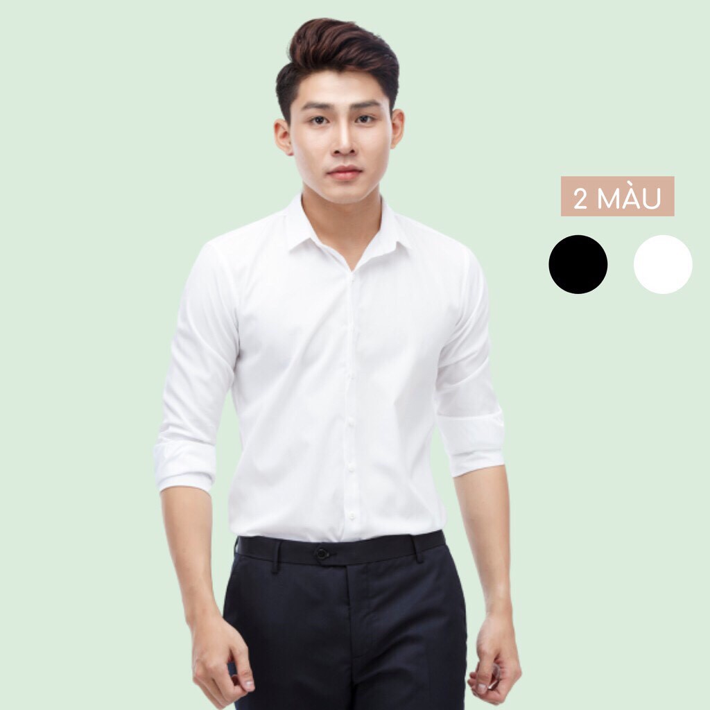 Áo Sơ Mi nam Soái Ca thêu trái tim dài tay cổ bẻ Trắng Đen vải lụa thái co giãn thấm mồ hôi tốt - AQ STORE