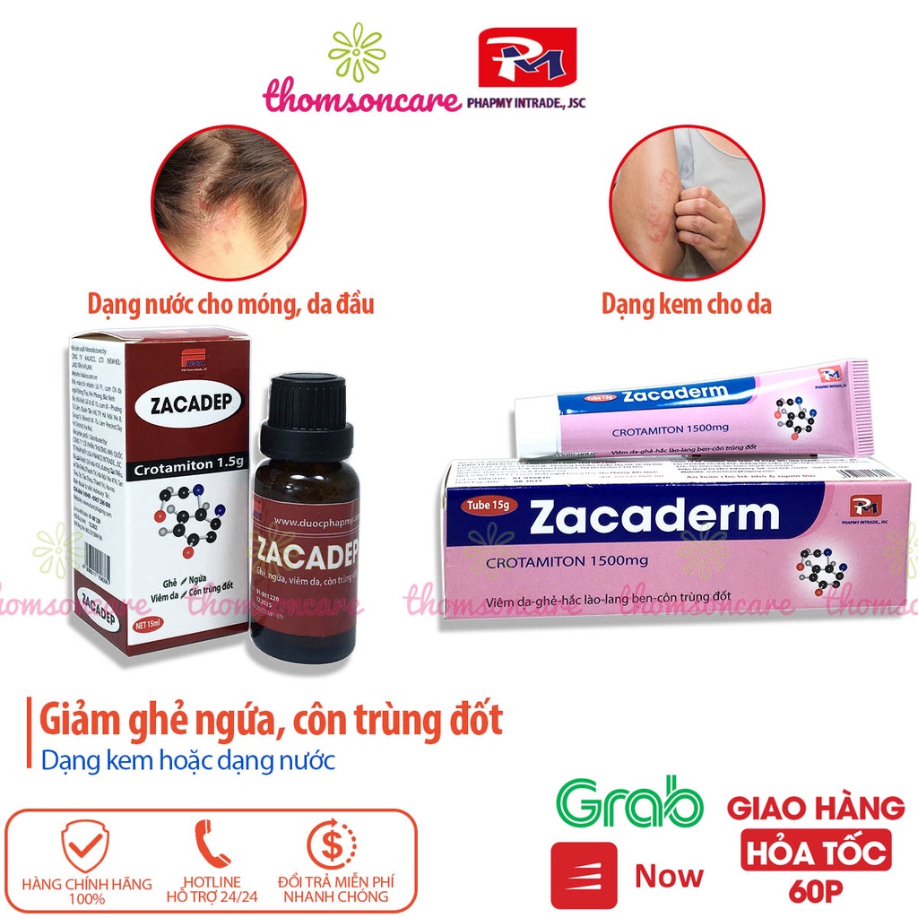 Giảm ghẻ ngứa côn trùng đốt dạng kem Zacaderm và Zacadep dạng nước bôi lên da, móng, tóc