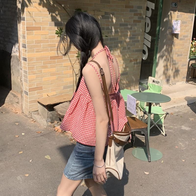 Áo Hai Dây Dáng Rộng Hở Lưng Họa Tiết Kẻ Sọc Màu Đỏ Thời Trang Mùa Hè Hàn Quốc Cho Nữ