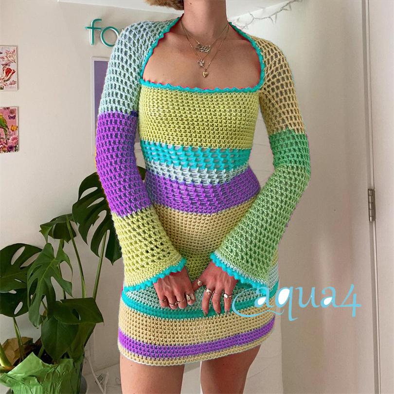 Đầm Dệt Kim Mini Phối Màu Phong Cách Vintage ANANA-90s Y2K