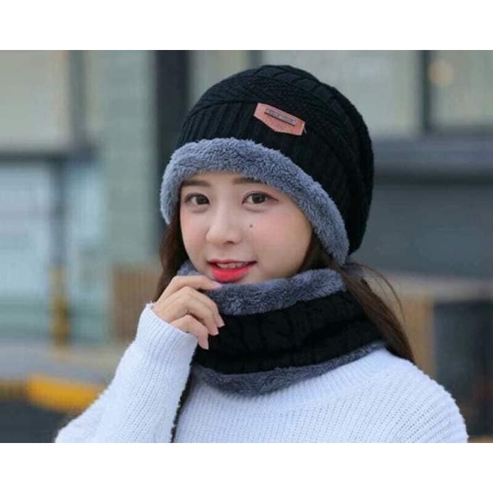 Set mũ len kèm khăn ống lót lông Nam, Nữ - Qùa tặng dành cho Ông, Bà, Bố Mẹ