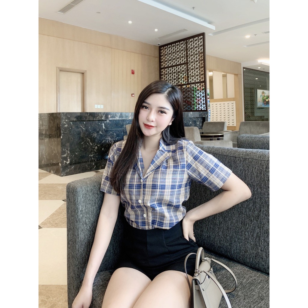 [FASHIONRUN19 - FASHIONHOT19] Áo Sơ Mi Nữ Đẹp Tay Ngắn Kẻ Caro Tím Oliu A22, Áo Sơ Mi Kiểu Hàn Quốc - Mindesign | BigBuy360 - bigbuy360.vn