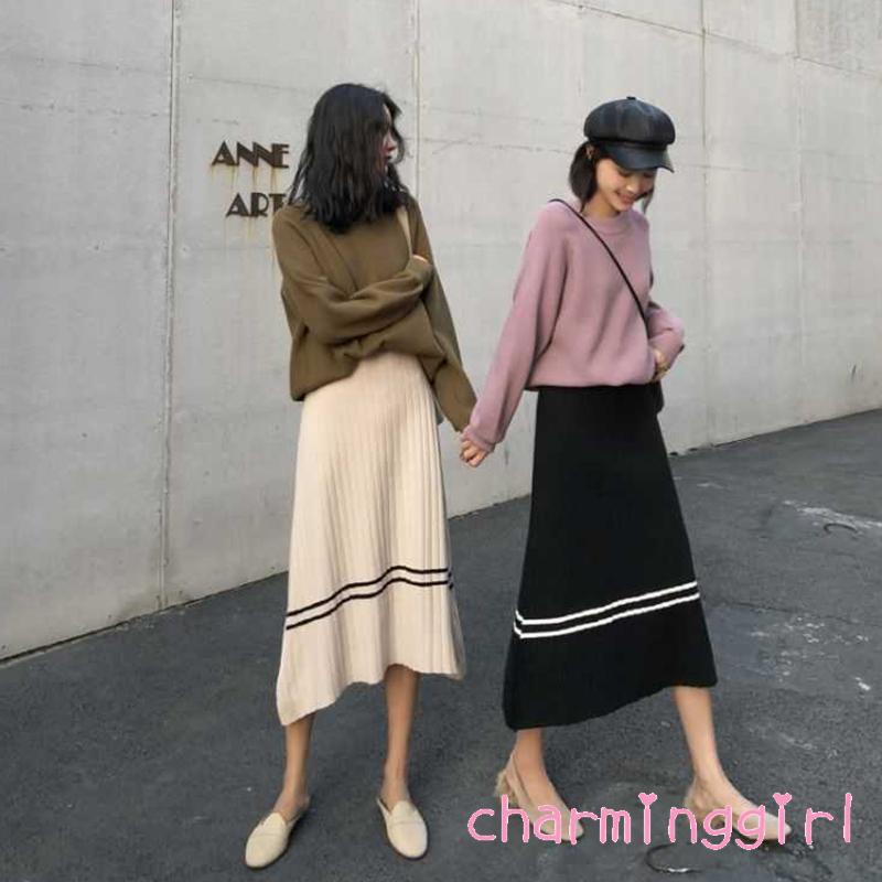 Chân váy midi dệt kim lưng cao màu sắc tương phản thời trang cho nữ