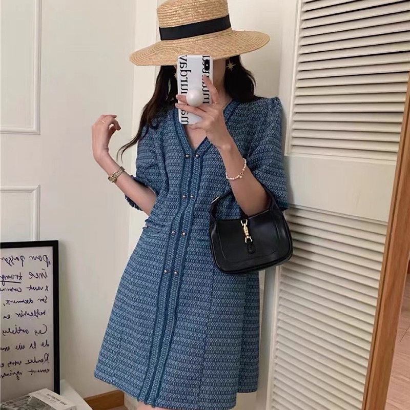 Đầm Dạ Tweed Thiết Kế Dáng Suông, Váy Nữ Cổ V Phối Hoạ Tiết Siêu Xinh Phong Cách Hàn Quốc_ Hàng QCCC Có Ảnh Thật