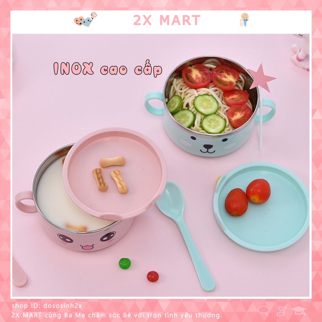 Bát ăn dặm cho be bộ chén inox kèm thìa kiểu Nhật trai gái hình gấu xanh hồng 2X MART