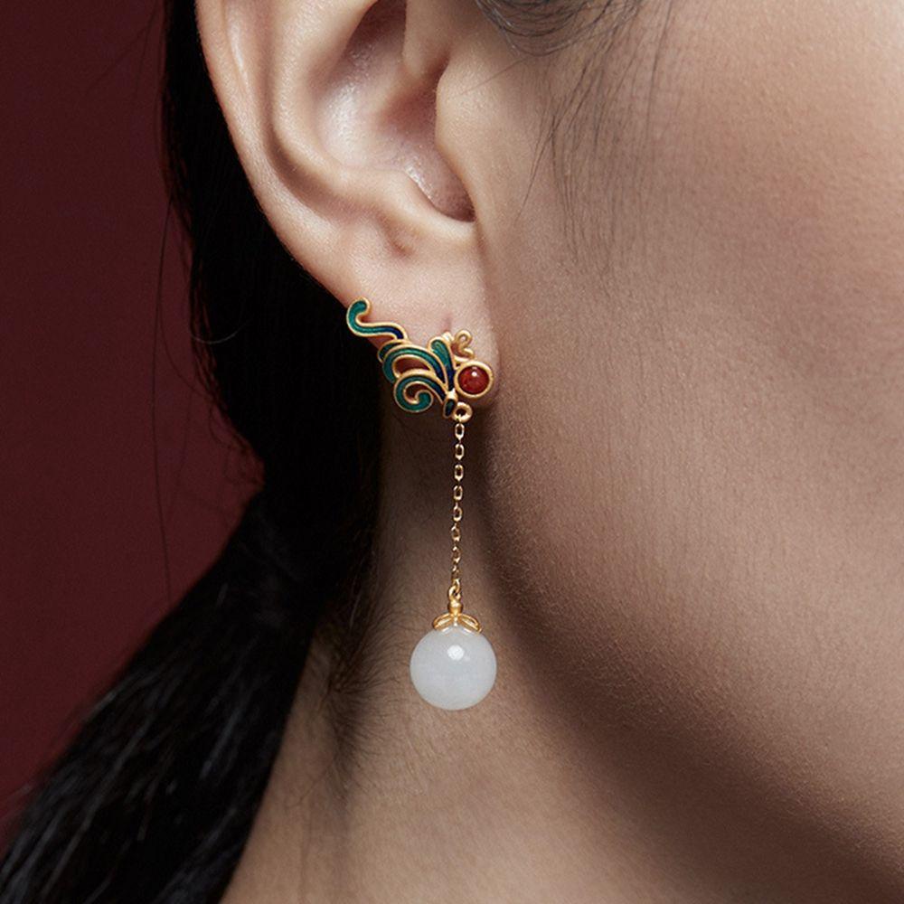 Khuyên Tai Dáng Dài Hình Tròn Màu Đỏ / Xanh Lá Phong Cách Trung Hoa Cổ Điển Thời Trang Cho Nữ