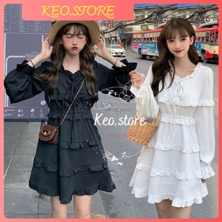 Đầm nữ 🦋 bánh bèo tiểu thư váy trắng đen nhiều tầng có buộc nơ cổ dài tay đầm dự tiệc đi chơi du lịch đi biển mùa hè