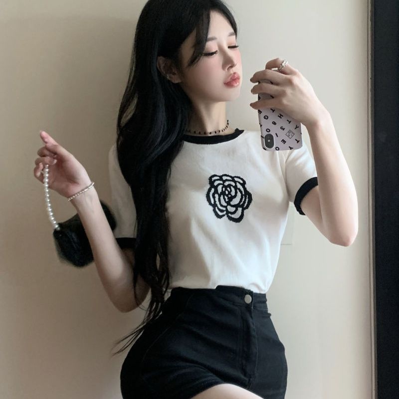 Áo dệt kim loại mỏng áo hoa trà cổ tròn tay ngắn thời trang mùa hè cho nữ