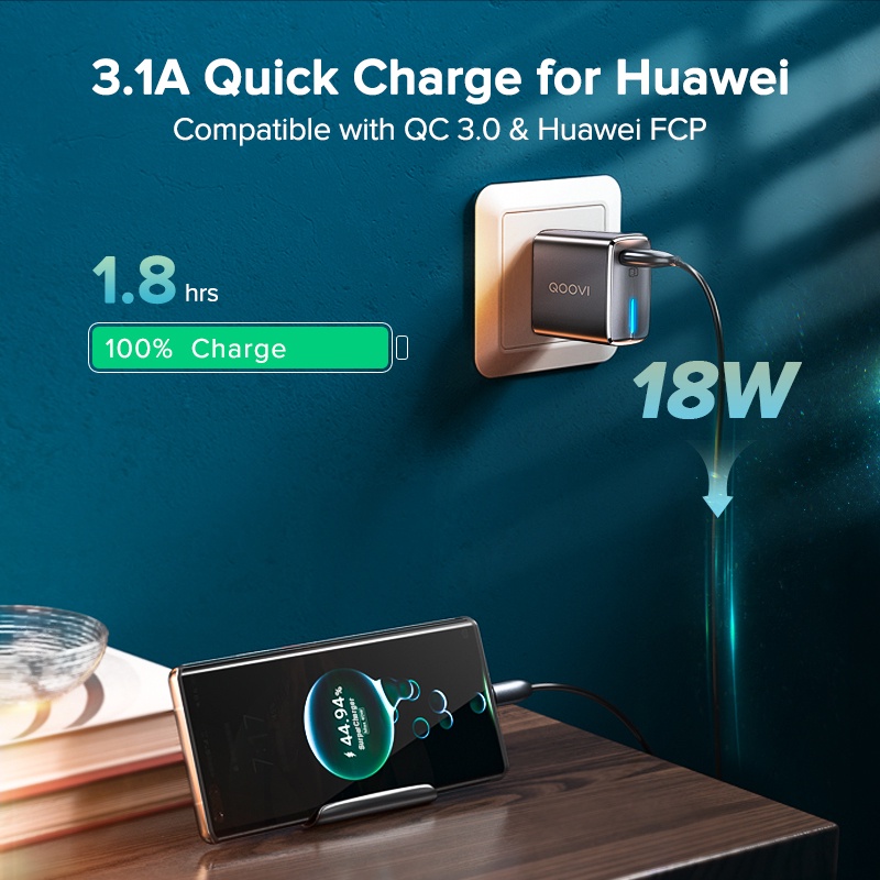 QOOVI 18W USB Đầu Sạc Nhanh Có Đèn LED Cho OPPO Samsung Huawei Xiaomi