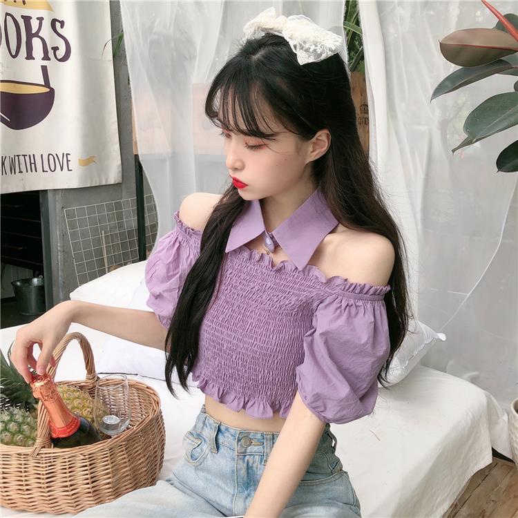 AMOI Áo Kiểu Trễ Vai Tay Phồng Màu Tím Phong Cách Hàn Quốc Cho Nữ