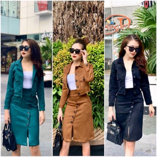 Set áo khoác + chân váy da lộn