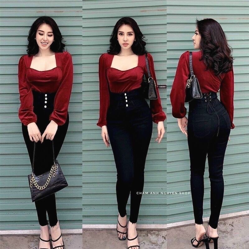 Áo nhung cổ vuông