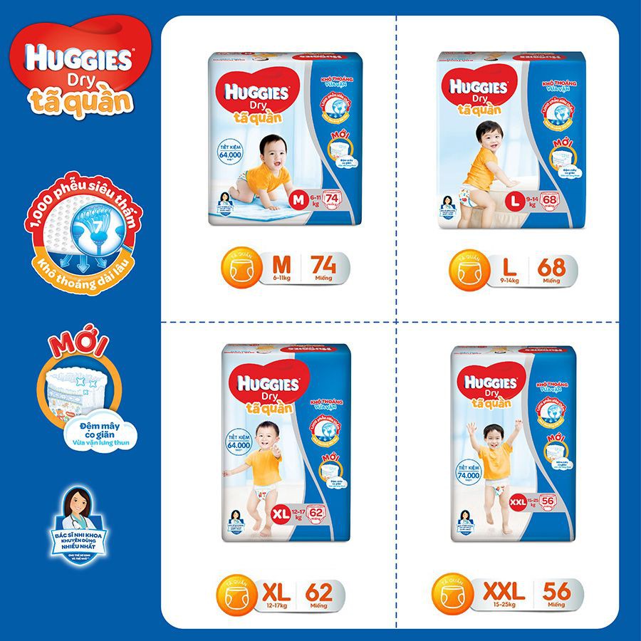 Tả - Bỉm quần HUGGIES DRY PANTS SUPER JUMBO M74-L68-XL62-XXL56 ( BAO BÌ MỚI )