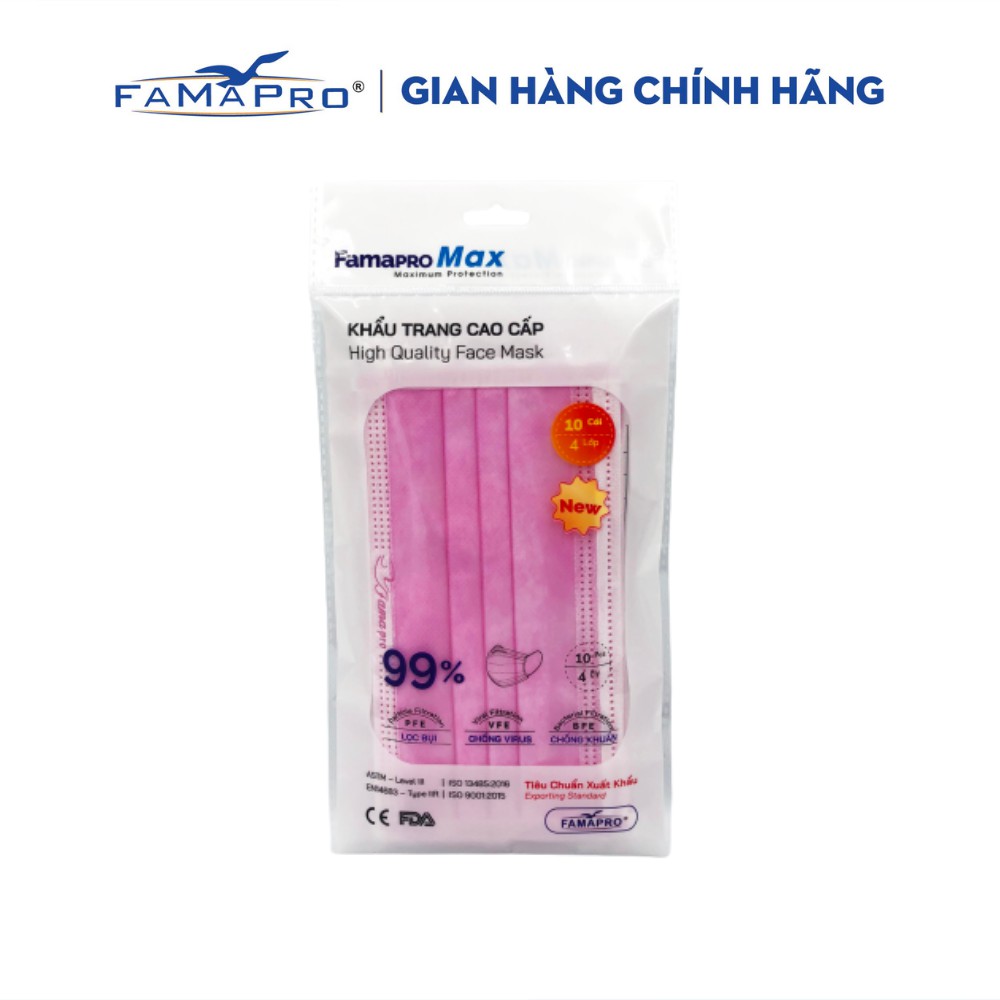 [TÚI-10 CÁI-MÀU HỒNG] Khẩu trang y tế cao cấp kháng khuẩn 4 lớp Famapro max