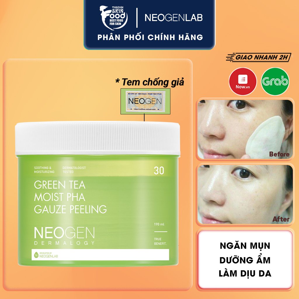 [30 Miếng] Tẩy Tế Bào Chết Trà Xanh Neogen Dermalogy Green Tea Moist PHA Gauze Peeling 190ml