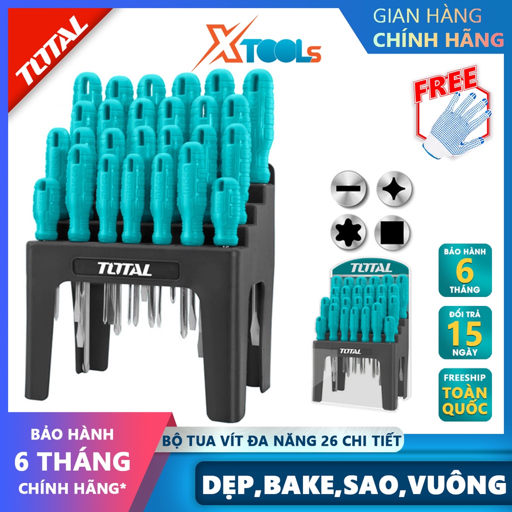 Bộ tuốc nơ vít đa năng 26 chi tiết TOTAL THTDC252601 |Bộ 26 tua vít dẹp, bake, sao, tua vít vuông [CHÍNH HÃNG] [XTOOLs]
