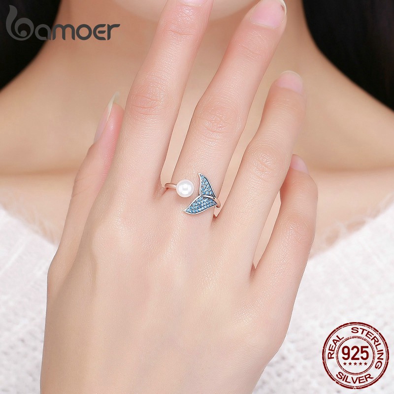 Nhẫn đeo tay Bamoer bằng bạc 925 khảm đá zircon hình đuôi tiên cá dễ thương
