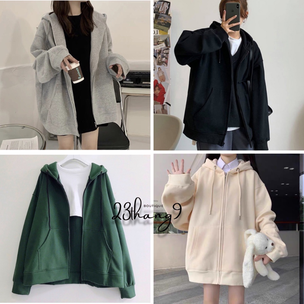 Áo khoác nỉ hoodie áo khoác nỉ trơn nam nữ tay phồng form rộng zip basic unisex phong cách ulzzang đi phố 23thang9