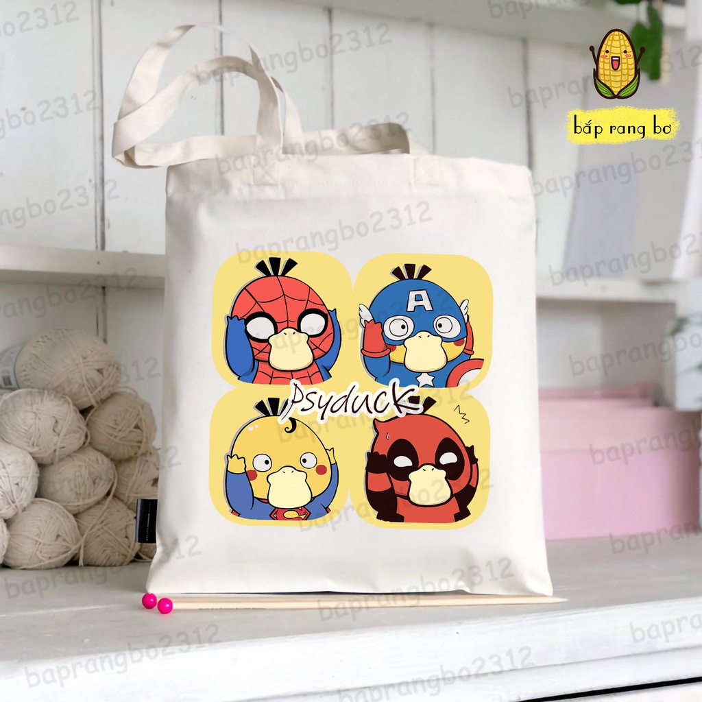 TÚI TOTE TRÒN VỊT PSYDUCK ĐAU ĐẦU VẢI DỆT CANVAS CÓ TÚI CON