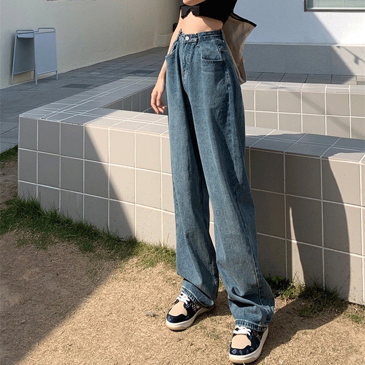 Quần Jean Ống Rộng Lưng Cao Màu Xanh Dương 2022 Thời Trang Xuân Thu Phong Cách Mới Cho Nữ