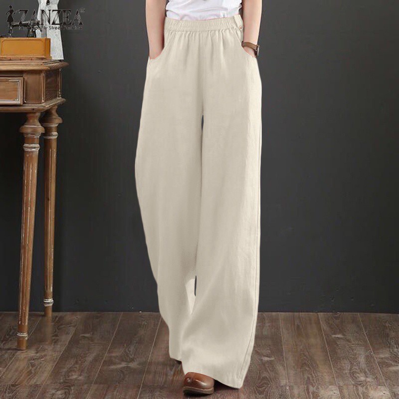 Quần ZANZEA cotton eo co giãn màu trơn ống rộng thời trang đơn giản thanh lịch cho nữ