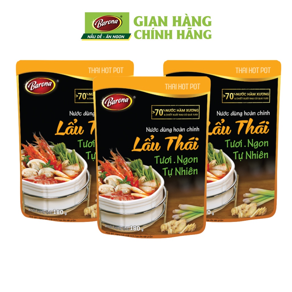 Combo 3 Gói Nước Dùng Lẩu Thái Barona 180g, tặng tiêu hạt