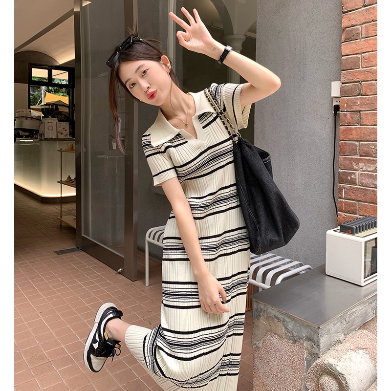 Đầm maxi dệt kim ZHELIHANGFEI tay ngắn cổ polo họa tiết kẻ sọc phong cách Hàn Quốc thời trang mùa hè