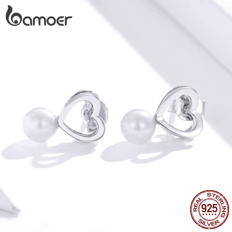 Khuyên Tai BAMOER SCE869 Bạc Thật 925 Hình Trái Tim Đính Ngọc Trai Nhỏ Xinh Thiết Kế Đơn Giản Thời Trang Bijoux Cho Nữ