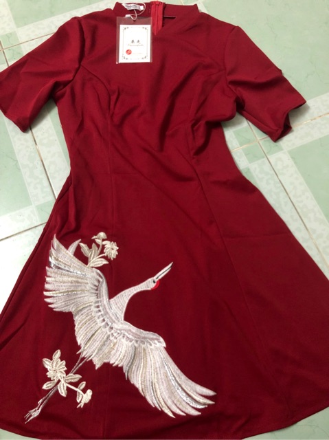 (Sẵn XL) Đầm xoè cổ tàu đính hạc (ảnh thật) | BigBuy360 - bigbuy360.vn