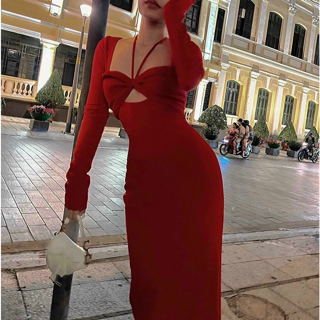 đầm tay dài kiểu cột dây ngực xinh kk