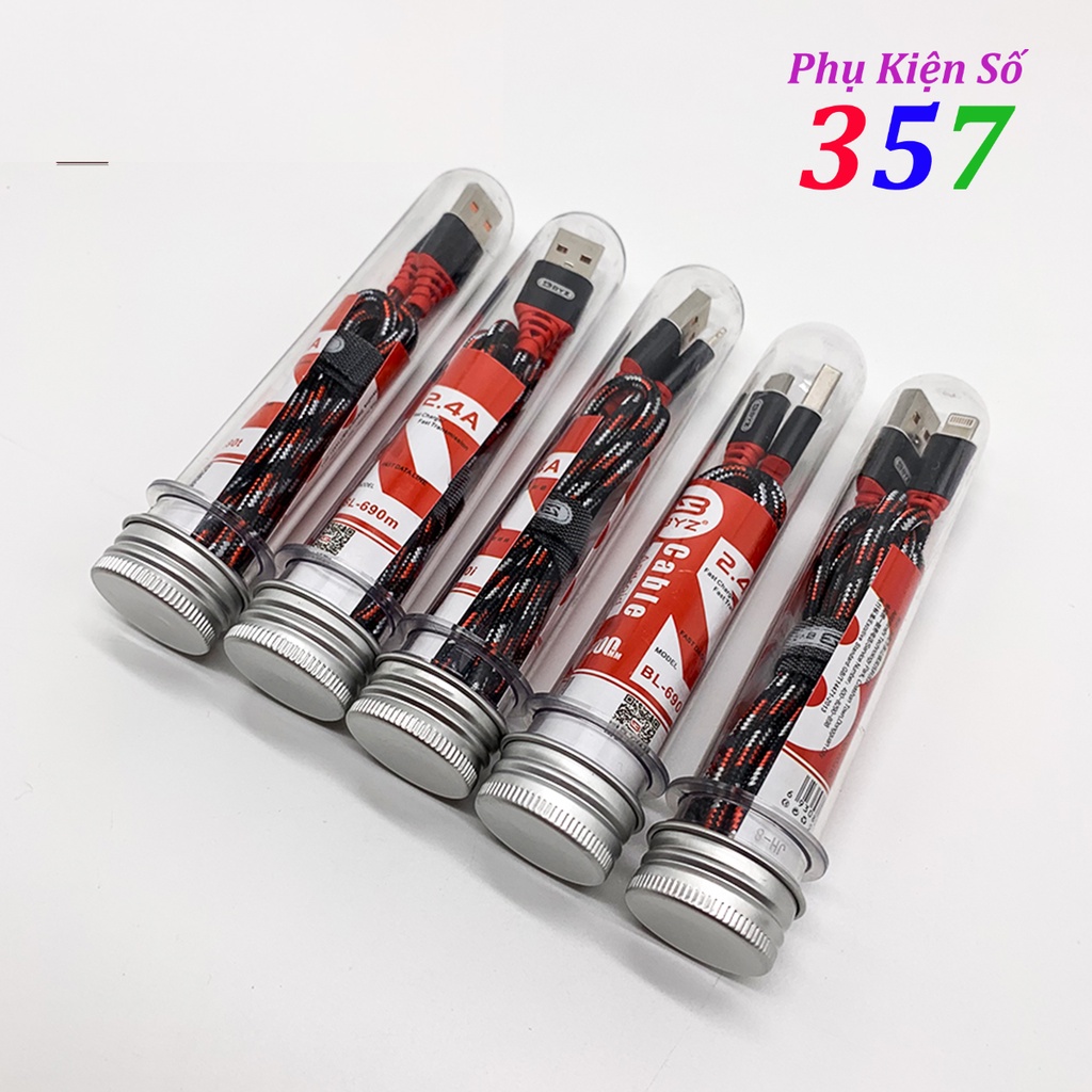 Cáp sạc nhanh BYZ BL690 dạng ống nghiệm dây dù cổng ip &amp; android