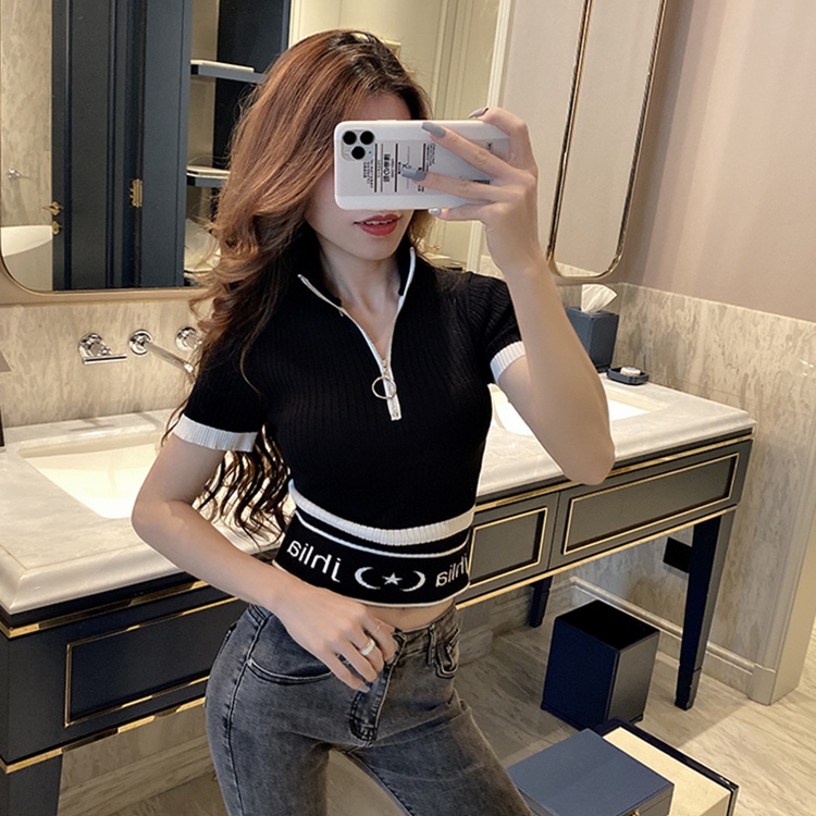 Áo Thun Tay Ngắn Cổ Cao Ôm Dáng Phối Khóa Kéo Thời Trang Mùa Hè Hàn Quốc 2022 Mới Cho Nữ