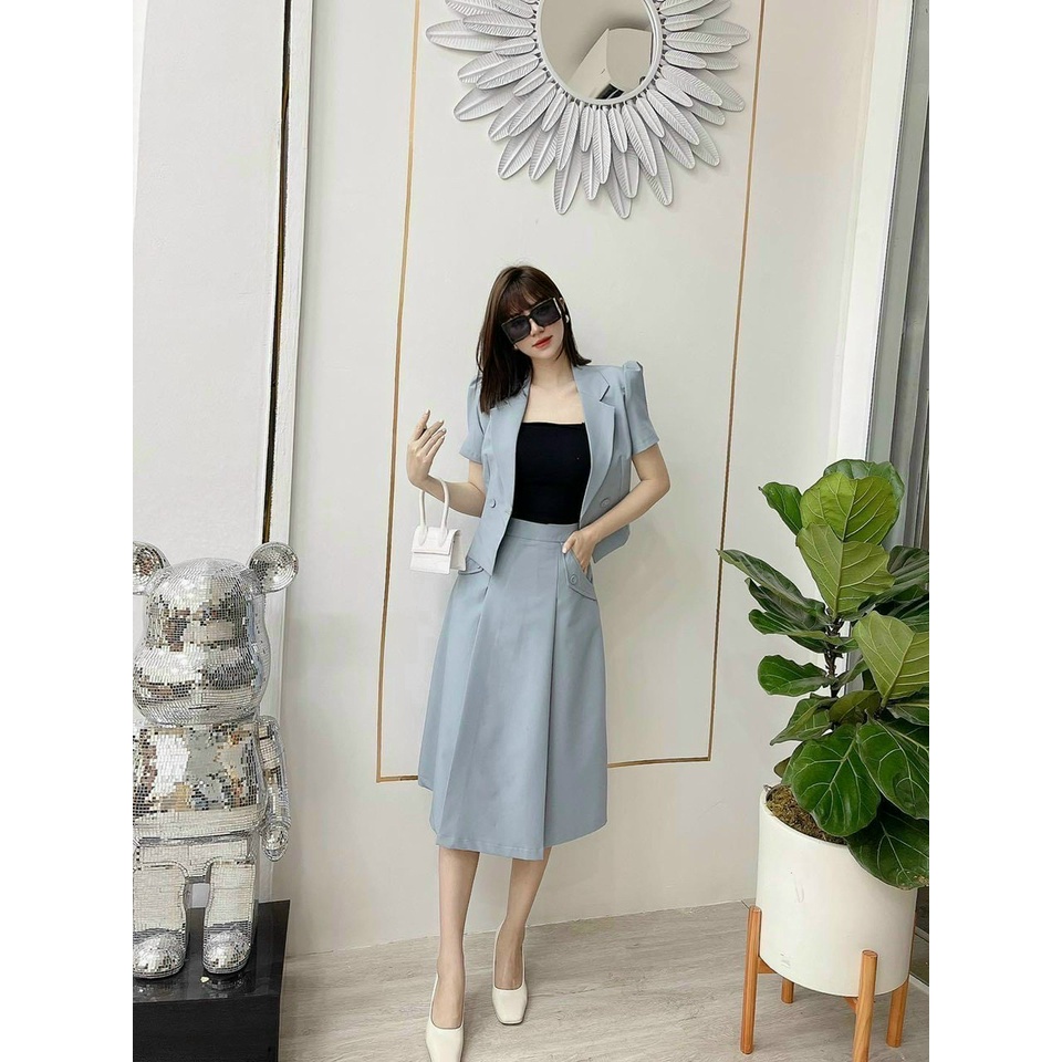 (Sale FreeShip) Sét nữ thiết kế phong cách hàn,áo vest tay ngắn mix chân váy xếp li có túi kèm lot cotton,hàng chuẩn fro