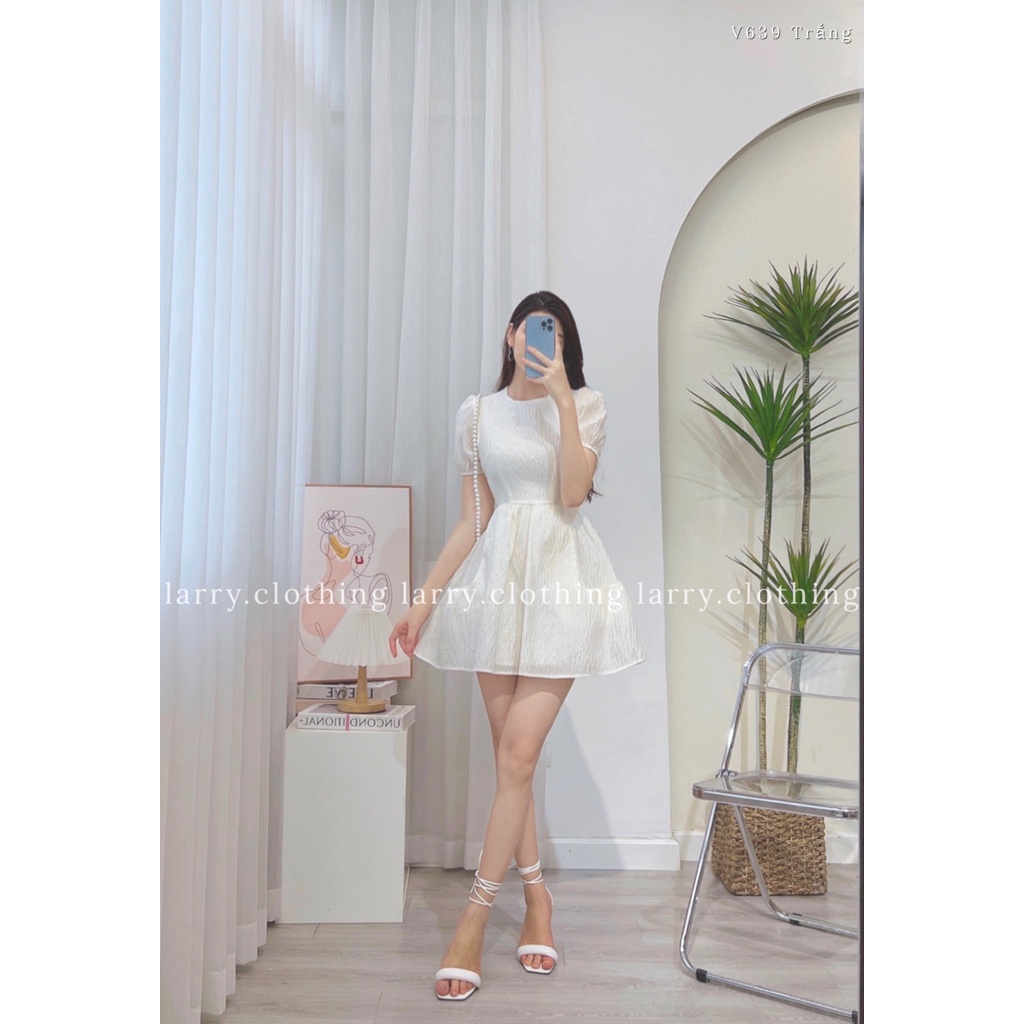 Đầm thiết kế nữ váy Tapta dáng babydoll vải nhăn cổ tròn 2 lớp chiết eo bồng thời trang thiết kế Larry Clothing V639