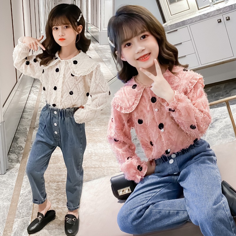 [SALE BV53⚡Size110-160 (12-45kg)⚡Đồ bộ cho bé gái, áo sơ mi + quần jean⚡Thời trang trẻ Em hàng quảng châu freeship