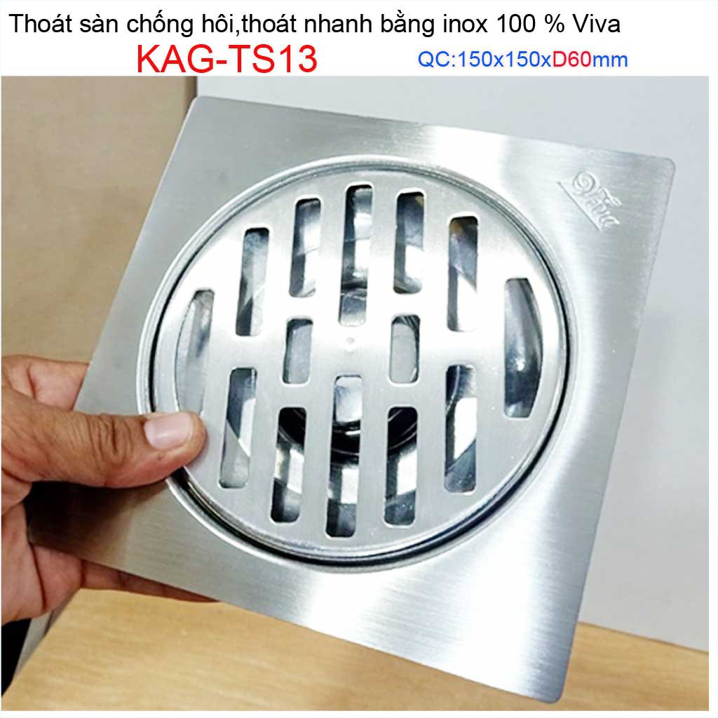 Hố ga thoát sàn Viva ống D60-6cm Inox mờ, phễu thoát nước chống hôi D60 vuông 15x15cm KAG-TS13