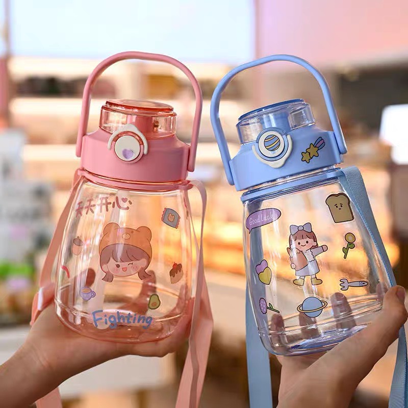 Bình nước cute có ống hút nhựa dễ thương cho bé đi học 1200ml HERIA HCM