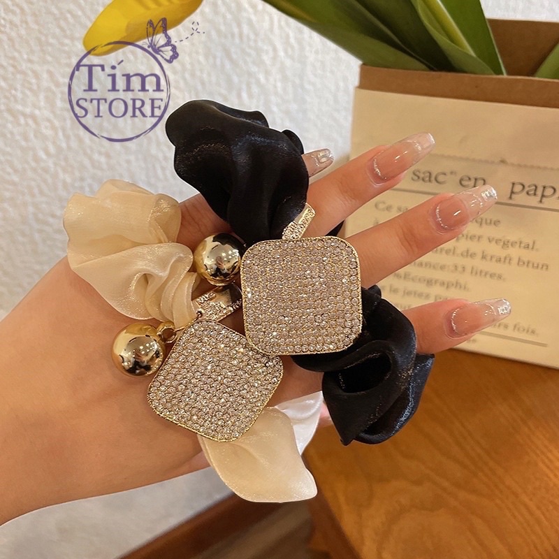 Dây cột tóc voan nhũ mặt hột lấp lánh sang trọng TÍM STORE phong cách Hàn Quốc