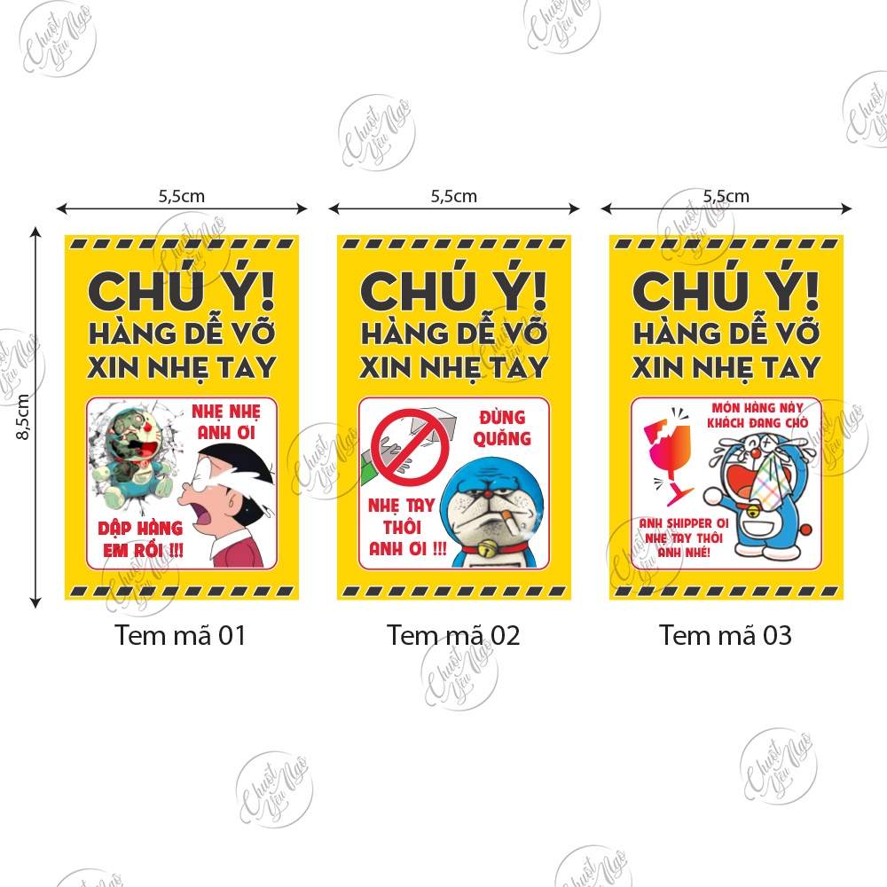 Combo 100 tem dán Chú Ý Hàng Dễ Vỡ Xin Nhẹ Tay nhẹ tai đô rê mon vui nhộn dán hộp hàng vận chuyển