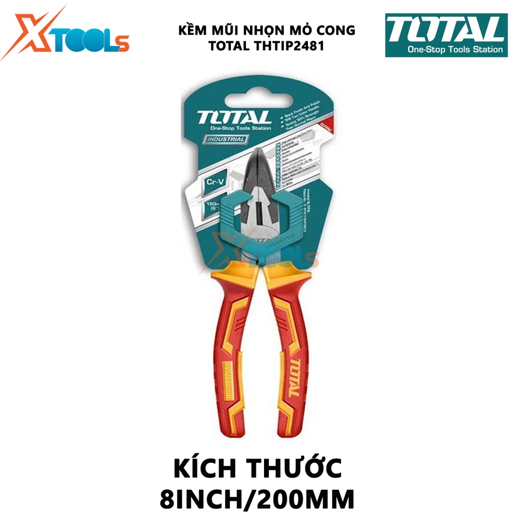 Kìm mũi nhọn mỏ cong cách điện TOTAL THTIP2481 | Kềm cách điện Kích thước 8&quot;/ 200mm, Đầu kềm được mạ đen và đánh bóng, T