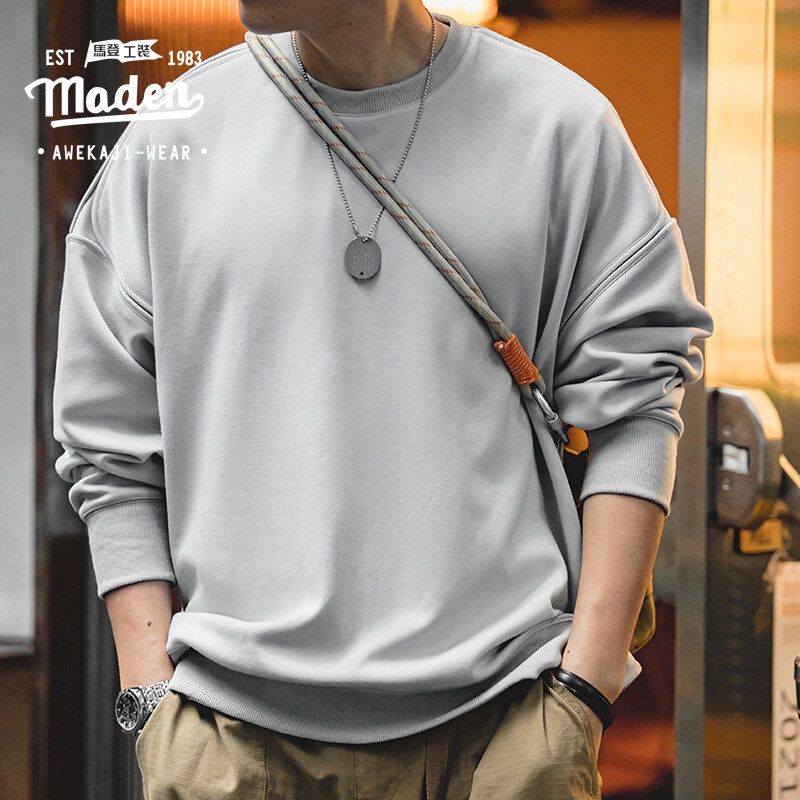 Á́o sweater MADEN vải cotton cổ tròn khóa kéo bên thời trang Nhật Bản retro 2022
